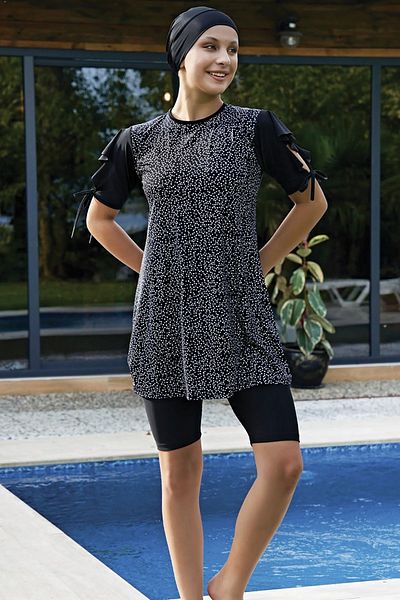REMSA 2423 Model - Black Short Sleeve Flounced Lycra Swimsuit