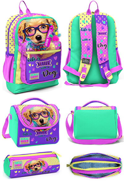 Coral High Sarı Pembe Sevimli Köpek Desenli Dört Bölmeli Okul Sırt Çantası Be...