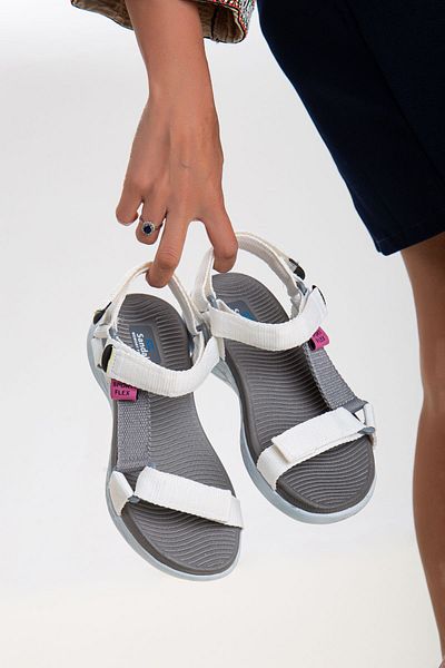 sandal spor Women's Casual Sports Sandals - Low Heel, Comfortable Sole, Velcro White-Gray Ss001-0158