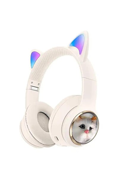 Mi7a Kedi Tüylü Işıklı Kedili Mikrofonlu Bluetoothlu Kulaklık SD Aux Girişli Kedi Kulaklık Kablosuz