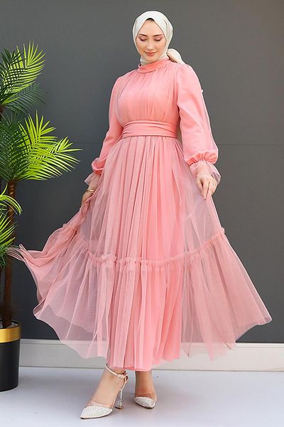 GİZ AGİYİM Pink Tulle Dress - Belted and Ruffled