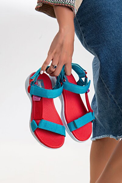 sandal spor Kadın Kısa Topuk Rahat Taban Cırtlı Günlük Spor Sandalet Ss001-0158 Mavi Kırmızı