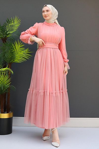 GİZ AGİYİM Pink Tulle Dress - Belted and Ruffled