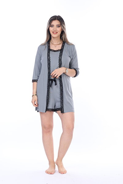 mervemoda Women's Summer Combed Cotton Shorts and Dressing Gown Set - 3-Piece Set