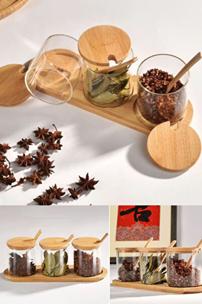 NEWNOW طقم توابل كام بغطاء من الخيزران مكون من 3 قطع - وعاء ملح وسكر، مع حامل