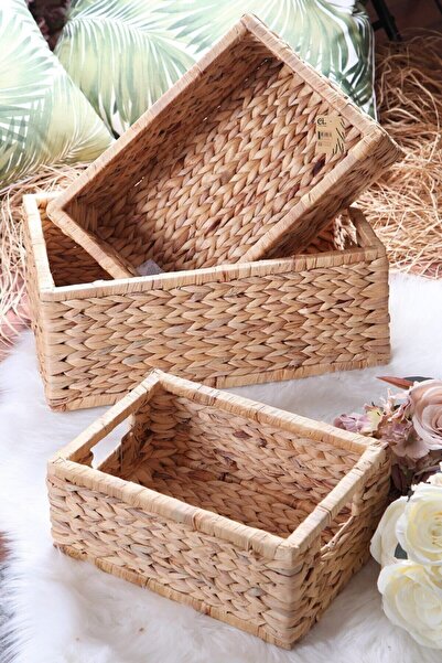 CasaLinda Ορθογώνιο πλεκτό ψάθινο καλάθι οργάνωσης σέλας Σετ 3 τεμαχίων