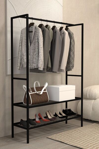 AJU Gardırop Açık Elbise Askılığı Ayakkabılık Metal Butik Askılık 2Raflı Çok ...