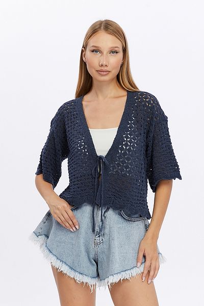 MA ananas Cardigan cu mânecă scurtă ajurata pentru femei - Legat cu frânghie