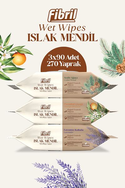 Fibril Mixed Series Floral Pattern Wet Wipes - 3x90 Pack, 270 Sheets, Natural Essence, Recyclable Fabric