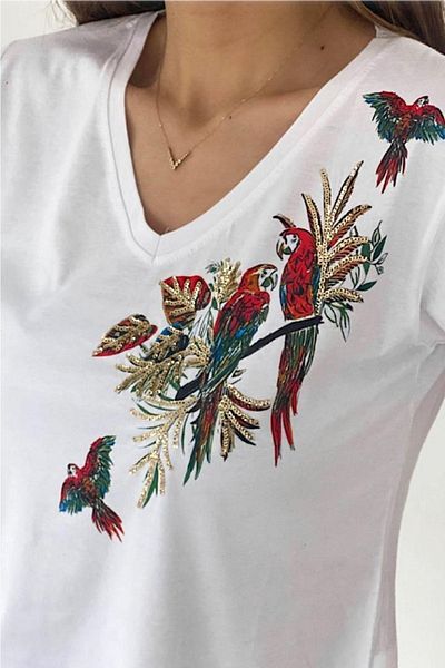 FEMELLE V-Neck Parrot Sequin Large Size T-shirt