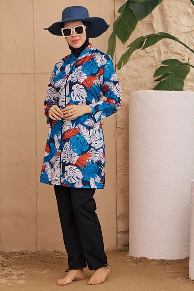 GÜLSELİ Pantaloni cu tunică complet acoperită albastru bleumarin, bustieră, țesătură parașută, costum de baie hijab din 4 piese