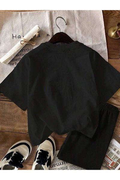 AMMA Black Superstar Printed Children's T-Shirt and Shorts Set - 100% Cotton