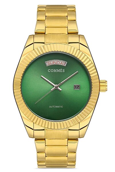 COMMES Otomatik Şarj Mekanizmalı Çelik Kordon Altın Yeşil Takvimli Erkek Klasik Kol Saati 8147c-ggy
