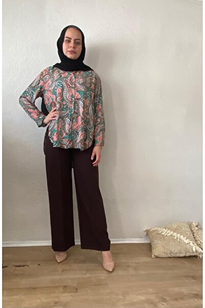 Samgülü XXL Dark Brown Diagonel Crepe Large Size Trousers - Wide Leg