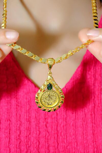 aytekgold 8 Ayar Tuğralı Yeşil taşlı pullu kolye