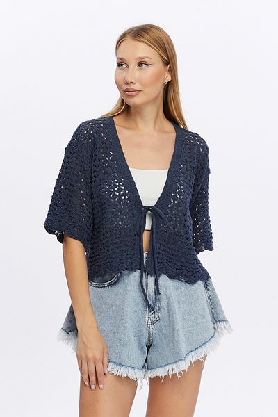 MA ananas Cardigan cu mânecă scurtă ajurata pentru femei - Legat cu frânghie