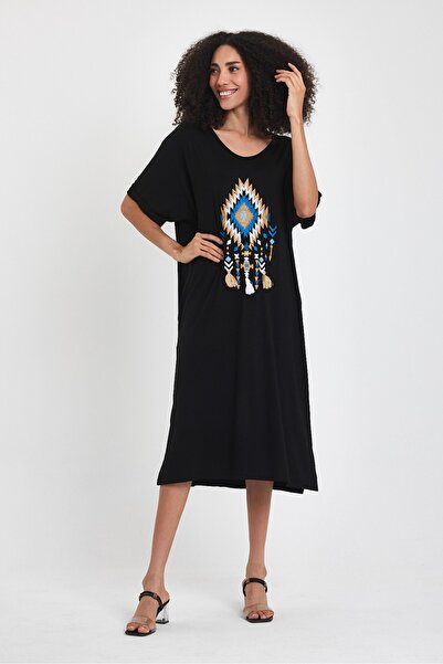 AYASOFYA OTANTIK Rochie de damă din bumbac pieptănat cu broderie etnică neagră