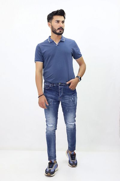 GZT TEKSTİL Висококачествени мъжки дънки - тесни крачоли, нормална талия, износени (068)