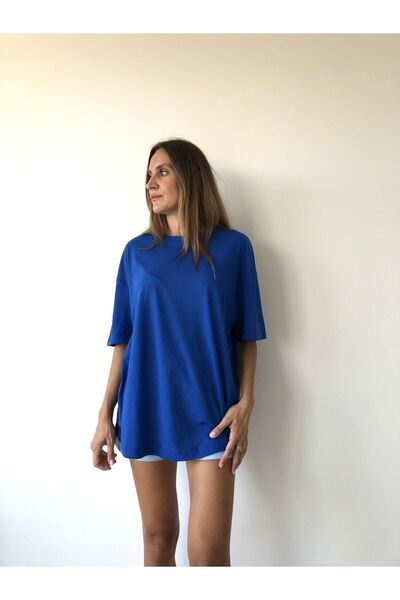 Genel Markalar Unisex Pamuk Bisiklet Yaka Boyfriend Örme Oversize T-shirt