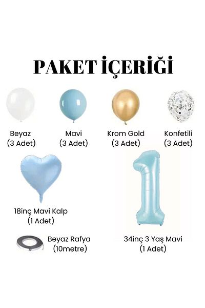 Konsept Sepeti Σετ γενεθλίων 1 έτους - Μπλε λευκό χρώμιο χρυσό, αλουμινόχαρτο ηλικίας και μπαλόνι για πάρτι