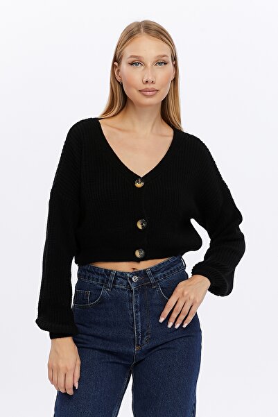 MA ananas Kadın Düğmeli Crop Triko Hırka