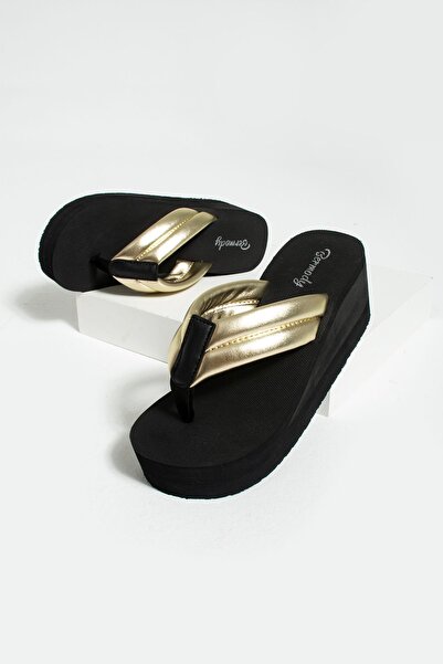 Bermody Flip-flops de damă cu platformă înaltă Nora, cu aspect de piele auriu, papuci de plajă, papuci