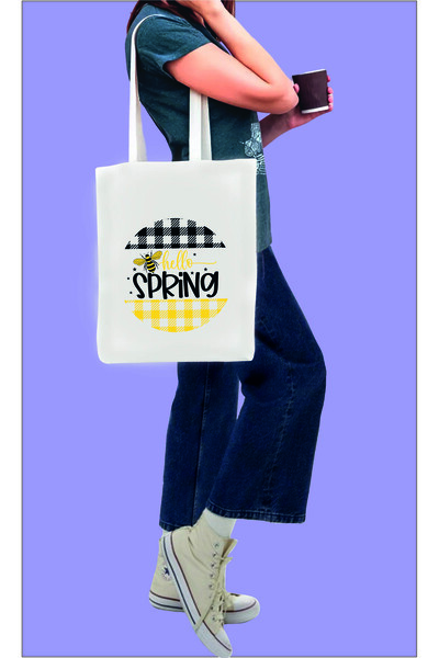 Hello Spring  Printed Cotton Raw cloth bag  35X40 cm