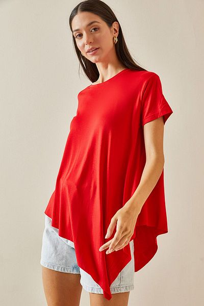 XHAN Crew Neck Asymmetrical Red Blouse - 5YXK2-48747-04