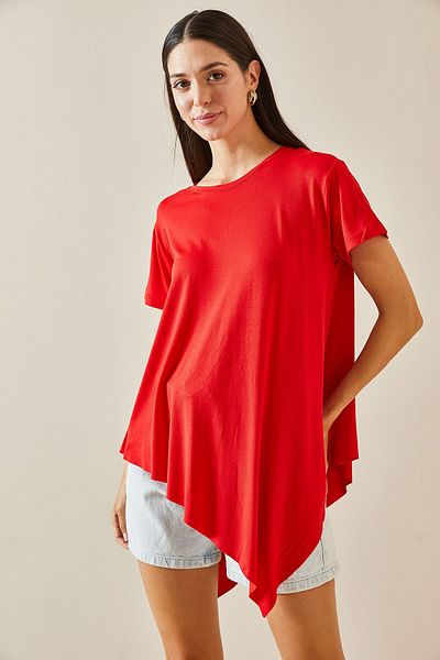 XHAN Crew Neck Asymmetrical Red Blouse - 5YXK2-48747-04