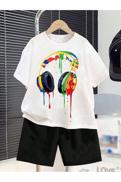 Magic Bravo White and Black Kids Shorts and T-Shirt Set - Headphones Printed