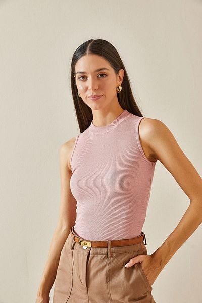 XHAN Puderfarbene Camisole-Bluse mit Hakim-Kragen - 5YXK2-48731-50