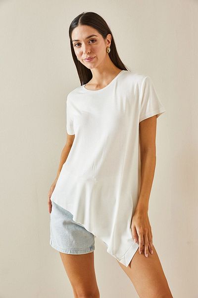 XHAN Asymmetrical Flowing Ecru Blouse - Crew Neck 5YXK2-48747-52