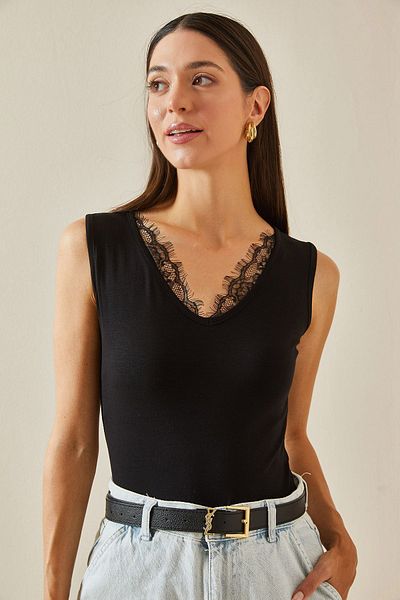 XHAN V-Neck Black Lace Blouse - 5YXK2-48738-02