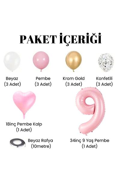 Konsept Sepeti Σετ γενεθλίων 9 ετών - Ροζ καρδιά, λευκό ροζ χρώμιο χρυσό, μπαλόνι πάρτι με καραμέλα