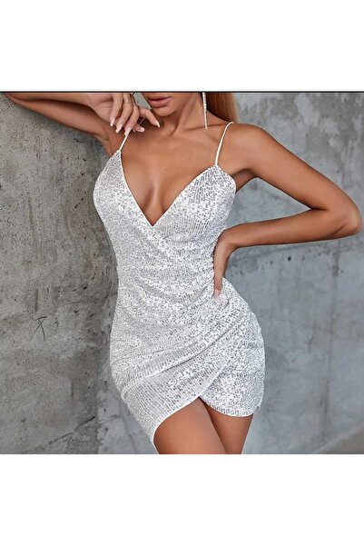 elissaa ASKILI KRUVAZE YAKA PUL PAYET MİNİ ELBİSE