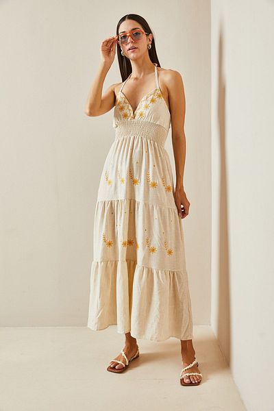 XHAN Beige Linen Dress - 5YXK6-48796-25, Thin Straps and Guipes