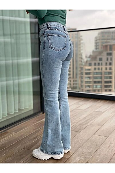 MAKRAS EXCLUSIVE Kadın 90's Mavi Kar Yıkama Yüksek Bel Comfort Likralı Esnek İspanyol Paça Kot Pantolon Jeans