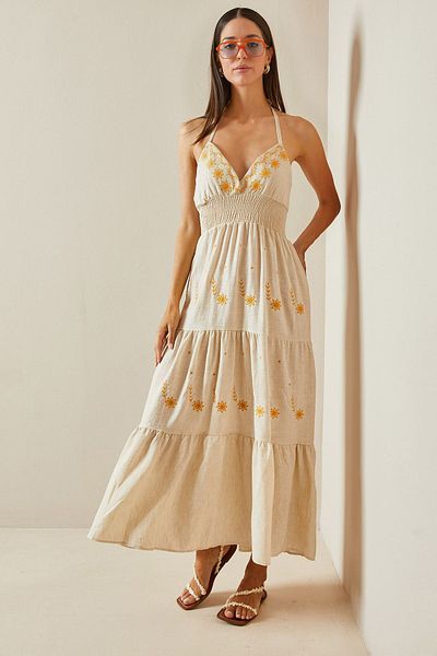 XHAN Beige Linen Dress - 5YXK6-48796-25, Thin Straps and Guipes