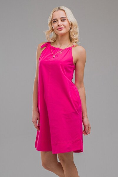 Bold & Young Kadın Fuşya Renk Boyundan Bağlamalı Cepli Pamuk Dokuma Elbise