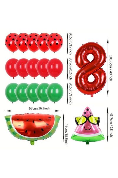 Konsept Sepeti Γενέθλια 8 ετών Watermelon Concept - Σετ πάρτι με μπαλόνι με κόκκινο και πράσινο φύλλο
