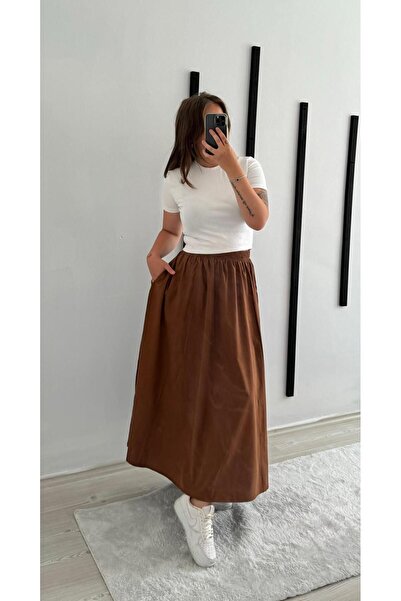 MEGOMEL Φιλέτο τσέπες λινό μείγμα ύφασμα μακριά φούστα χωρίς επένδυση (90cm)