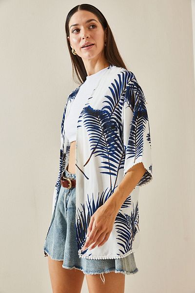 XHAN Blauer Kimono mit Palmenmuster – Ärmel mit Spitze, 5YXK4-48748-12
