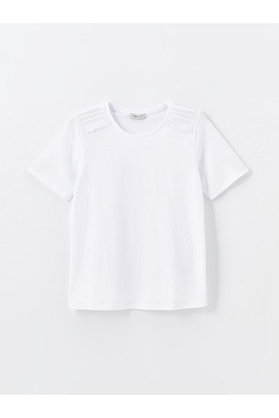 LC Waikiki LCW Damenbluse – Rundhalsausschnitt, Spitzendetail, kurze Ärmel