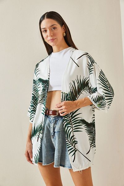 XHAN Grüner Kimono mit Spitze und Palmenmuster - 5YXK4-48748-08