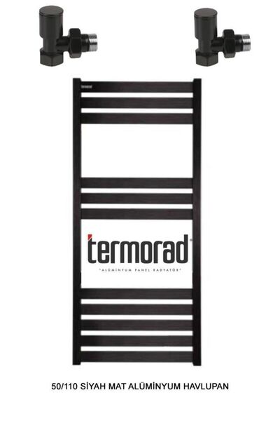 ULUMAK Mat Siyah Alüminyum Havlupan 50*110 Cm Termorad Petsa Slim +2 Adet Radyatör Havlupan Vanası Siyah Ma