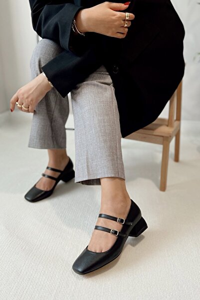 POLKA STORE Women's Mary Jane Black Matte Leather Closed Back Double Tape Square Toe Helmet Short Block Heeled Shoes