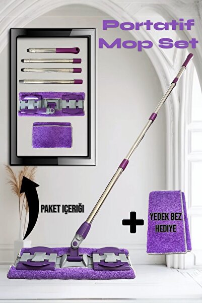 Fine Clean ( 1 Adet Yedek Bezli ) Portatif Sopalı Mor Renk Mandallı Yer Duvar Fayans Mikrofiber Temizlik Mopu