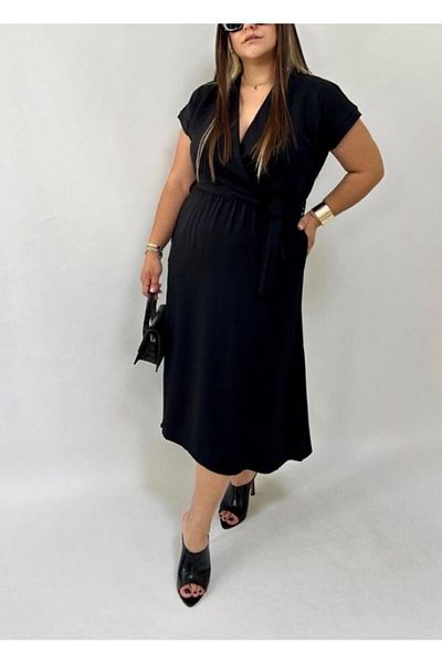 leilas Black Midi Dress - Double Breasted Collar, Belted Pocket, Comfortable Aerobin Fabric, Plus Size