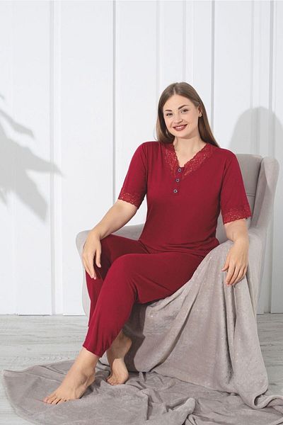 şıklık durağı Large size Lace detailed Cotton Combed Cotton Summer Women's Pajamas Set