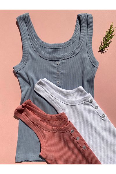 LEYNA BUTİK 3-Piece Corded White, Blue, Dried Rose Color Basic Undershirt - Thick Strap and Button Detail